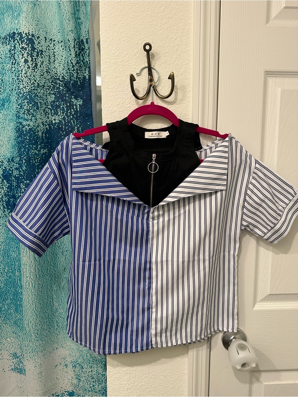Two-Tone Blue & White Striped Shirt with Black Tank - Unbranded
